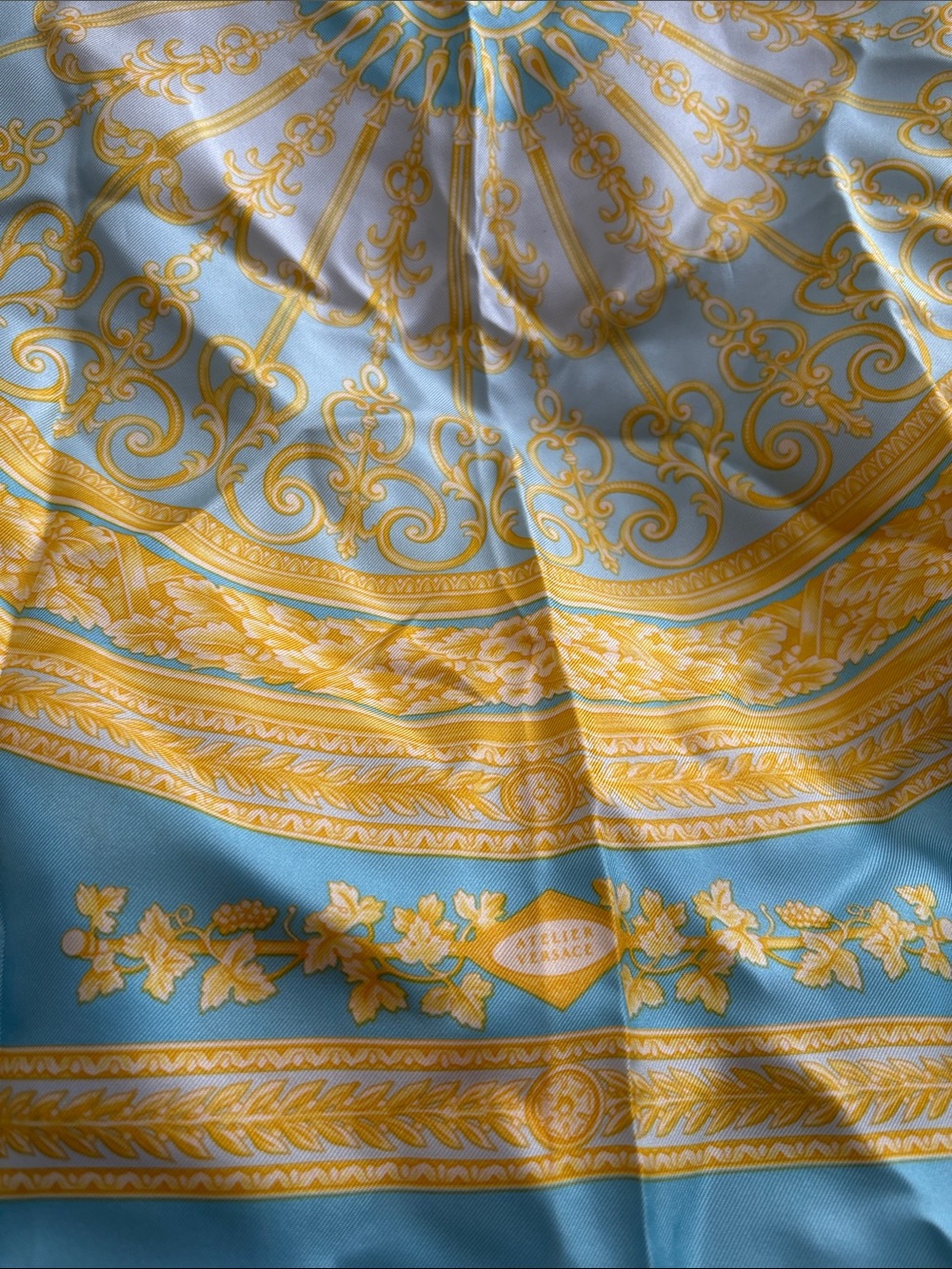100% Silk VERSACE Light Blue and Gold Baroque Scarf/Bag Tie